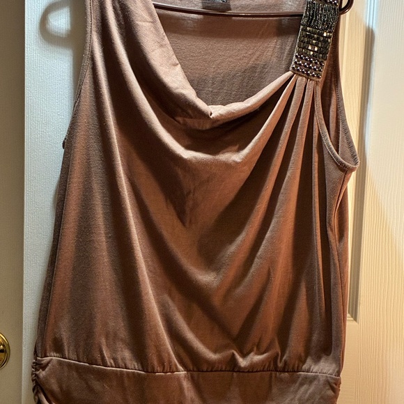 Elegant Taupe Sleeveless Cowl Neck Blouse with Embellished Shoulder - Picture 2 of 8